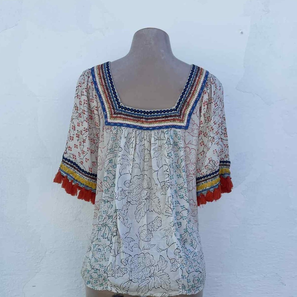 Maeve Cream Floral Blouse with Blue and Red Trim - Picture 2 of 8